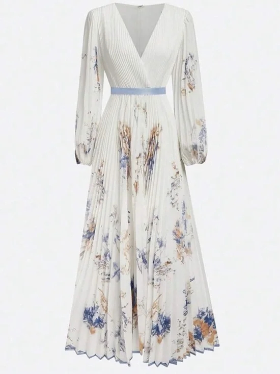 Floral Pattern Printed Pleated Lantern Sleeve Crossover-Neck Dress - Picture 2 of 4